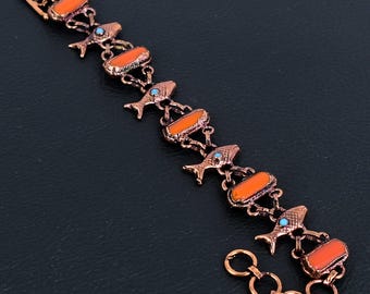 Rote Koralle Türkis Fisch Armband: Elektrogeformtes Kupfer Schmuck