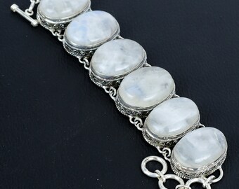 Handmade Rainbow Moonstone Bracelet: Vintage 925 Sterling Silver, Adjustable