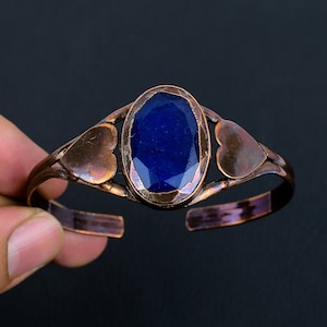 Handmade Electroformed Copper Cuff Bracelet: Faceted Blue Sapphire
