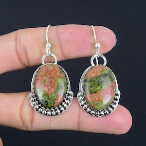 Handmade Unakite Dangle Earrings: 925 Sterling Silver Gemstone Jewelry
