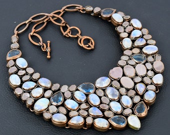 Electroformed Copper Necklace, Rainbow Moonstone, Topaz & Quartz, Adjustable Chain