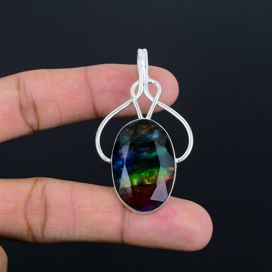 Natural Ammolite Gemstone Pendant Handmade 925 Sterling Silver Jewelry 1.97" L829