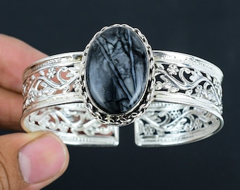 Handgemachte Picasso Jaspis Sterling Silber Manschette Armband - Einstellbar