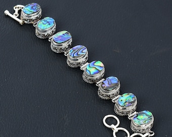 Pulseira de concha de abalone: joia ajustável feita à mão em prata esterlina 925 com pedras preciosas