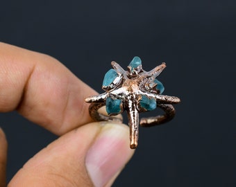 Anillo de cobre con aguamarina en bruto hecho a mano, joyería con piedras preciosas ajustables y electroformadas.