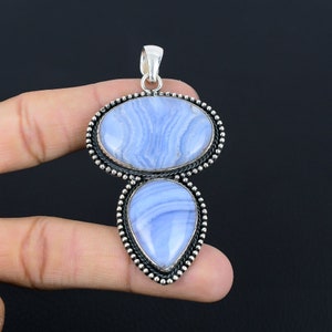 Blue Lace Agate 925 Sterling Silver Pendant - Handmade Vintage Jewelry