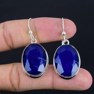Faceted Blue Sapphire Earrings: Handmade 925 Sterling Silver Drop Jewelry