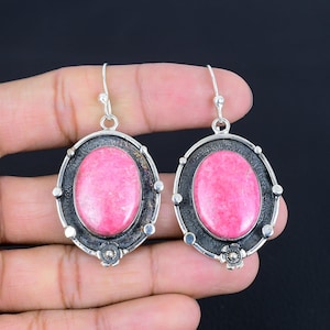 Handmade Thulite Dangle Earrings: 925 Sterling Silver Gemstone Jewelry