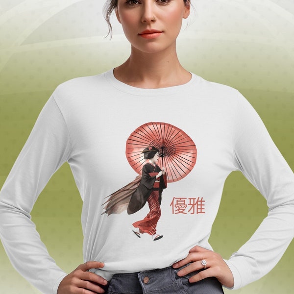 Women's Japanese Oriental Long Sleeve T-shirt | Fashionable Gifts Graphic Tees, Aesthetic Clothing, Calligraphy Kimono Shirt