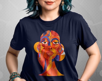 Abstrakt konstskjorta | Rea på t-shirt med kvinnaansikte, rave-outfit med rund hals, festivalkläder i plusstorlek, kubistisk konstkonsertkläder