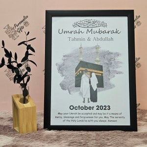 Personalised Umrah Mubarak 2024 Frame Islamic Party Gifts Personalized With Makkah Photo Of Kaba Haram Shareef Family Illustration Hajj