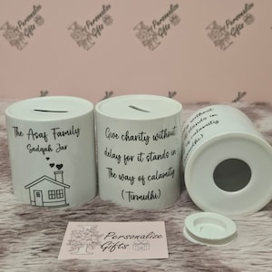 NEW Personalised Sadaqah Jars With Name Islamic Family Sadqaah Charity Box Money Tub For Lillah Muslimah Gifts Hadeeth Hadith Text Ceramic