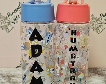 Personalised Children's Plastic Water Bottle School Drinking Cup With Name Stickers Reusable Kids Eid Gifts Folding Straw Floral Rocket