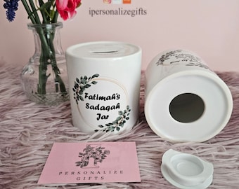 NEW Personalised Sadaqah Jars With Name Islamic Sadqaah Charity Box Money Tub For Lillah Muslim Muslimah Gifts Hadeeth Hadith Text Ceramic