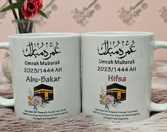 Gepersonaliseerde voor hem en haar set van 2 umrah mubarak-mokken 2024 islamitische cadeaus voor hadja hadji moslima cadeaus mekka medina kopjes paren Arabisch