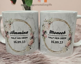 Personalised Half His Her Deen Islamic Marriage Couples Wedding Mugs For Mr & Mrs Set Of 2 Bride And Groom Name Nikkah Gifts Muslims Floral