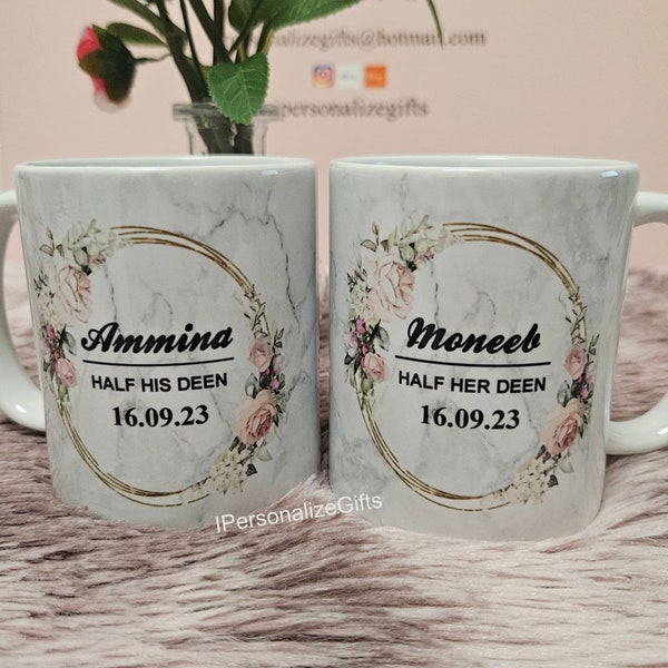 NEW Personalised His Her Deen Islamic Marriage Couples Wedding Mugs For Mr & Mrs Set Of 2 Bride And Groom Name Nikkah Islamic Gifts Muslims