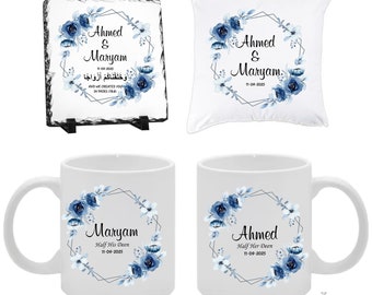 Personalised His and Hers Wedding Gift Set Bundle Sets Matching Couple Mugs Groom Bride Cushion or Slate Nikah Engagement Islamic Half Deen