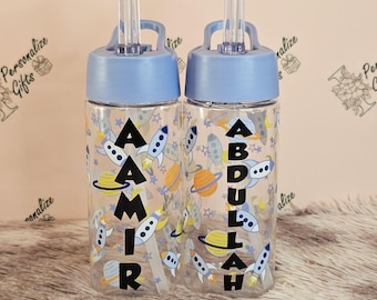 Personalised Children's Plastic Water Bottle School Drinking Cup With Name Stickers Reusable Kids Eid Gifts Folding Straw Floral Rocket