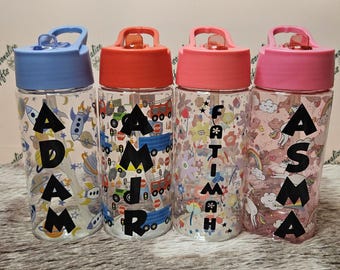 Personalised Children's Plastic Water Bottle School Drinking Cup With Name Stickers Reusable Kids Eid Gifts Folding Straw Floral Rocket