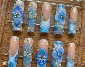 Blue Floral Press On Nails | Fairycore Long Square Nails | 3D Flower Butterfly Nails | Handcrafted Pearl Nails | Elegant Ethereal Nails