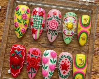 Maximalist Floral Press On Nails | Retro Y2K Almond Nails | 3D Rose Star Moon Nails | Hand-Painted Nails | Whimsical Fairycore Nails