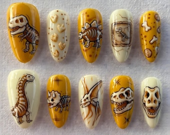 Dinosaur Fossil Press On Nails | Cute Jurassic Almond Nails | T-Rex Skeleton Bone Art Nail | Y2K Cartoon Dino Nail Set