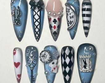 Handmade Alice Wonderland Press On Nails | White Rabbit, Playing Card, Clock & Blue Gothic Design | Fantasy nail set