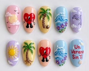 Puerto Rico Summer Press On Nails with Heart Character | 3D Beach Fake Nails in Long Almond Shape | Handmade Vacation Nail Art Gift