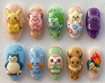 Kawaii Pokemon Press On Nails | Cute Pastel Almond Nails | Pikachu Eevee Snorlax Character Art Nail | Anime Gamer Nail Set