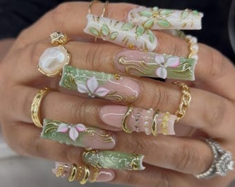 Floral Garden Fake Nails | Elegant Fairycore Long Square | 3D Flower Green Swirl Nail | Luxury Hand Painted Nail | Glamorous Coquette Nail