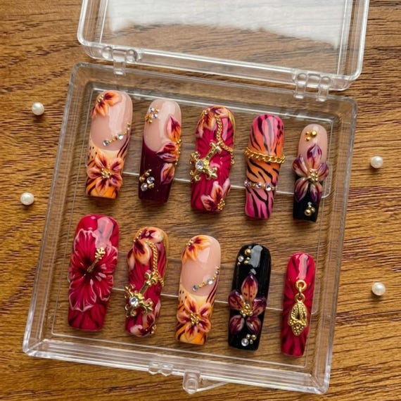 Tropical Floral Press On Nails | Bold Glam Coffin Nails | Tiger Print 3D Flower Nails | Jeweled Hand-Painted Nails | Exotic Y2K Summer Nails