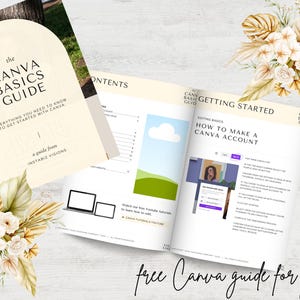 May include: A free guide titled "The Canva Basics Guide" with a green and white illustration of a cloud and a hill. The guide includes instructions on how to make a Canva account. The text "Getting Started" is at the top of the page.