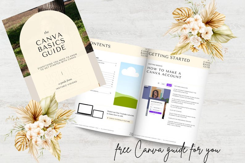 May include: A free guide titled "The Canva Basics Guide" with a green and white illustration of a cloud and a hill. The guide includes instructions on how to make a Canva account. The text "Getting Started" is at the top of the page.