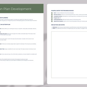 May include: A black and white action plan development worksheet with the title "Action Plan Development" and the heading "Introduction to Action Planning". The worksheet includes steps for developing an action plan, such as writing a clear goal statement, identifying necessary actions, prioritizing tasks, assigning responsibilities, setting deadlines, and monitoring and adjusting progress. The worksheet also includes an example entry for progress review.