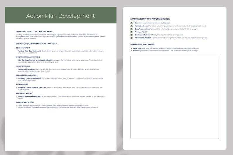 May include: A black and white action plan development worksheet with the title "Action Plan Development" and the heading "Introduction to Action Planning". The worksheet includes steps for developing an action plan, such as writing a clear goal statement, identifying necessary actions, prioritizing tasks, assigning responsibilities, setting deadlines, and monitoring and adjusting progress. The worksheet also includes an example entry for progress review.