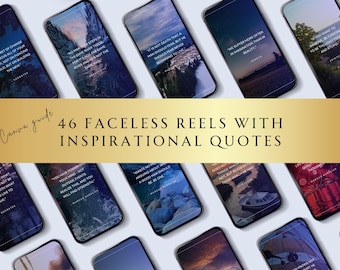 May include: A collection of 46 inspirational quote graphics for social media. Each graphic features a different quote and a scenic background image. The graphics are designed to be used as Instagram Reels or Stories.