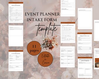 Pode incluir: Um modelo de formulário de admissão para planejador de eventos de 11 páginas, editável no Canva. O modelo apresenta um design floral em tons marrons e laranja. O texto "EVENT PLANNER INTAKE FORM Template" é exibido em uma fonte grande na parte superior da página.