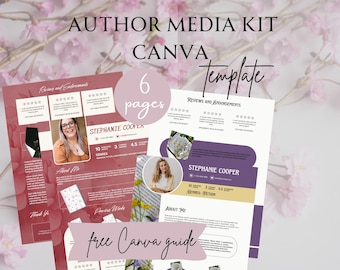 Könnte beinhalten: Eine rosa und lila Canva-Vorlage für ein Autoren-Medienkit. Die Vorlage enthält Seiten für "Über mich", "Rezensionen und Empfehlungen", "Veröffentlichte Werke" und "Kostenloser Canva-Leitfaden". Die Vorlage zeigt ein Foto der Autorin Stephanie Cooper und enthält den Text "6 Seiten".