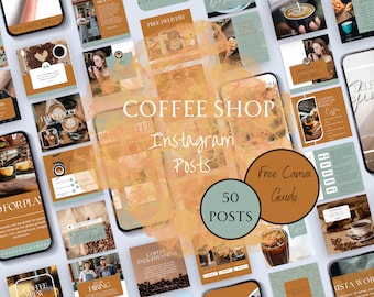 Op de afbeelding: Een collage van 50 Instagram-posttemplates voor een koffiebar. De templates bevatten verschillende afbeeldingen van koffie, koffiebonen en koffiebarinterieurs. De tekst "Coffee Shop Instagram Posts" en "Free Canva Guide" staan in het midden van de collage.