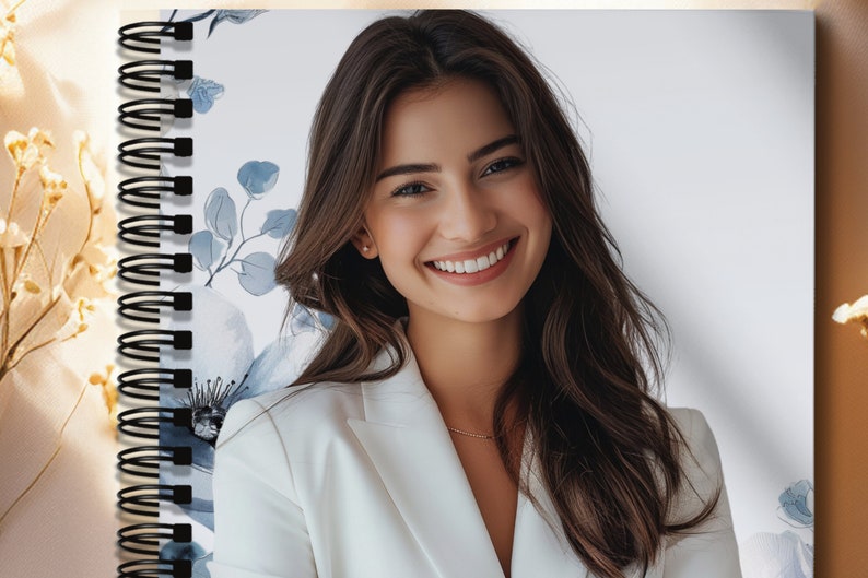 May include: A white spiral bound notebook with a floral design featuring blue and white flowers. The notebook has a black binding and is closed.