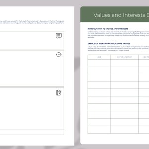 May include: A printable worksheet with a section for long-term goals and a section for values and interests. The worksheet includes sections for goal description, purpose, action steps, deadline, value, why it's important, and how it influences career choices.