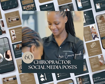 May include: A collage of 60 social media post templates for chiropractors. The templates are in a dark blue and gold color scheme and feature images of chiropractors working with patients. The text "60 free Canva guide CHIROPRACTOR SOCIAL MEDIA POSTS" is in the center of the collage.
