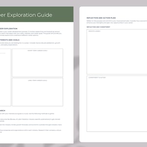 May include: A black and white printable career exploration guide with sections for defining interests and goals, industry research, and reflection and action planning.