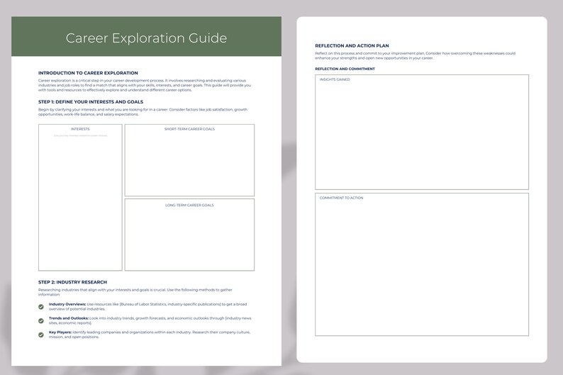 May include: A black and white printable career exploration guide with sections for defining interests and goals, industry research, and reflection and action planning.