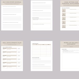 May include: A set of printable worksheets for personal growth, including a self-discovery journal, goal setting for personal development, skill development plan, work life balance assessment, and a weekly planner.