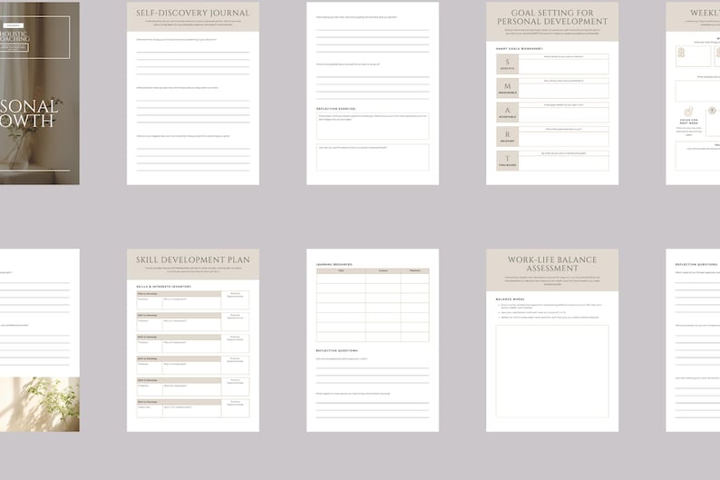 May include: A set of printable worksheets for personal growth, including a self-discovery journal, goal setting for personal development, skill development plan, work life balance assessment, and a weekly planner.