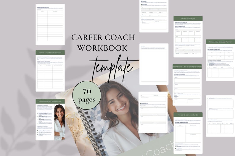 May include: A printable career coach workbook template with 70 pages. The cover features a smiling woman with a light background. The text "CAREER COACH WORKBOOK TEMPLATE" is in large, bold letters. The text "70 pages" is in a circle with a green background.