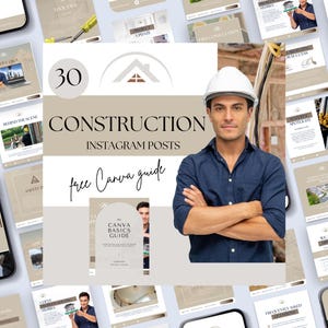 May include: A digital marketing guide for construction businesses. The guide includes 30 Instagram post templates and a free Canva guide. The image features a construction worker wearing a white hard hat and a blue shirt. The text on the image reads "30 Construction Instagram Posts Free Canva Guide".