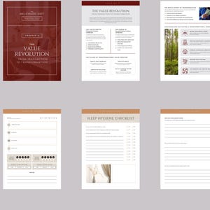 May include: A set of printable worksheets with titles like "Mood Journal", "Sleep Hygiene Checklist", and "The Value Revolution". The worksheets are designed to help people improve their mental and physical well-being.